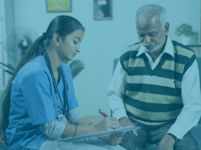 doctor helping patient, writing in chart 